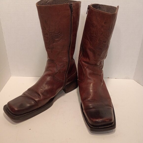 '80s ALDO Men's Sz 44EU/11US Brown Tall Boots Sq Toe Skull/Flames Embossed Zip - Picture 3 of 14